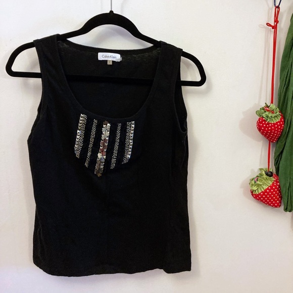 Calvin Klein L Black Scoop Neck Linen/Cotton Tank Top with Silver Studs, Beads - Picture 1 of 7